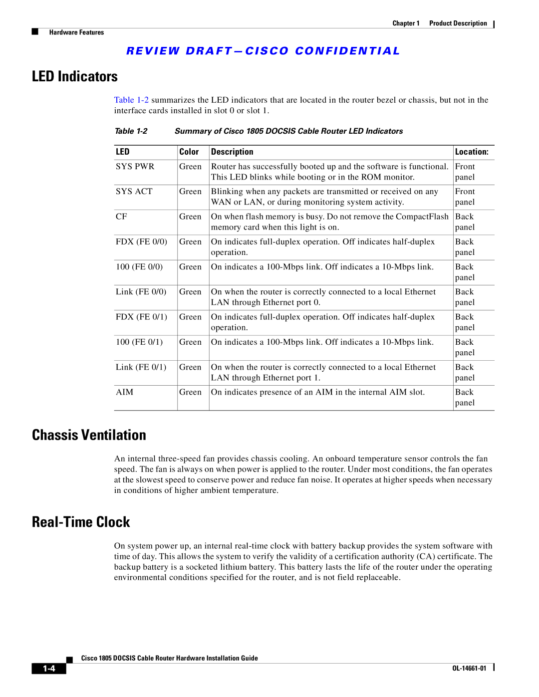 Cisco Systems CISCO1805-D, CISCO1805-E LED Indicators, Chassis Ventilation, Real-Time Clock, Color Description Location 