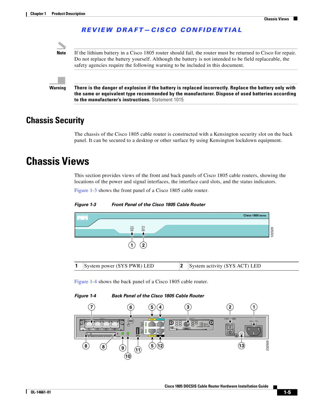 Cisco Systems CISCO1805-D/K9 Chassis Views, Chassis Security, System power SYS PWR LED System activity SYS ACT LED 