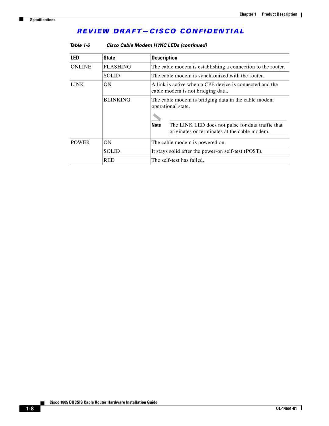 Cisco Systems CISCO1805-D/K9, CISCO1805-E specifications Online Flashing, Link, Blinking, Power, Red 