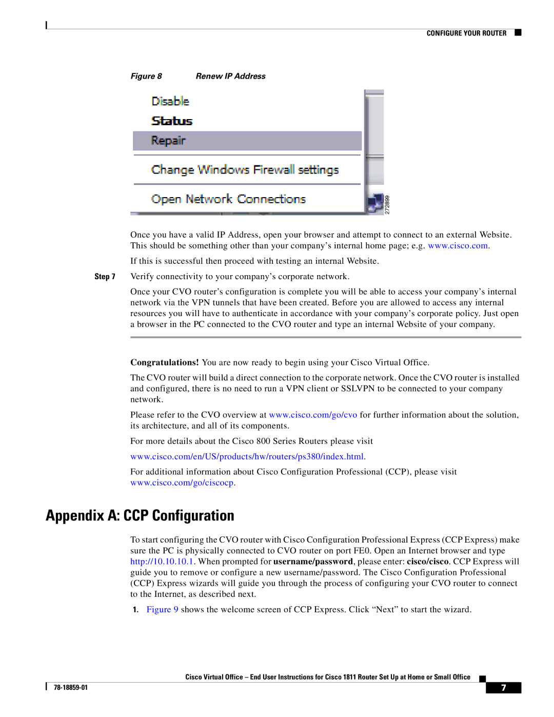 Cisco Systems CISCO1811 manual Appendix a CCP Configuration 