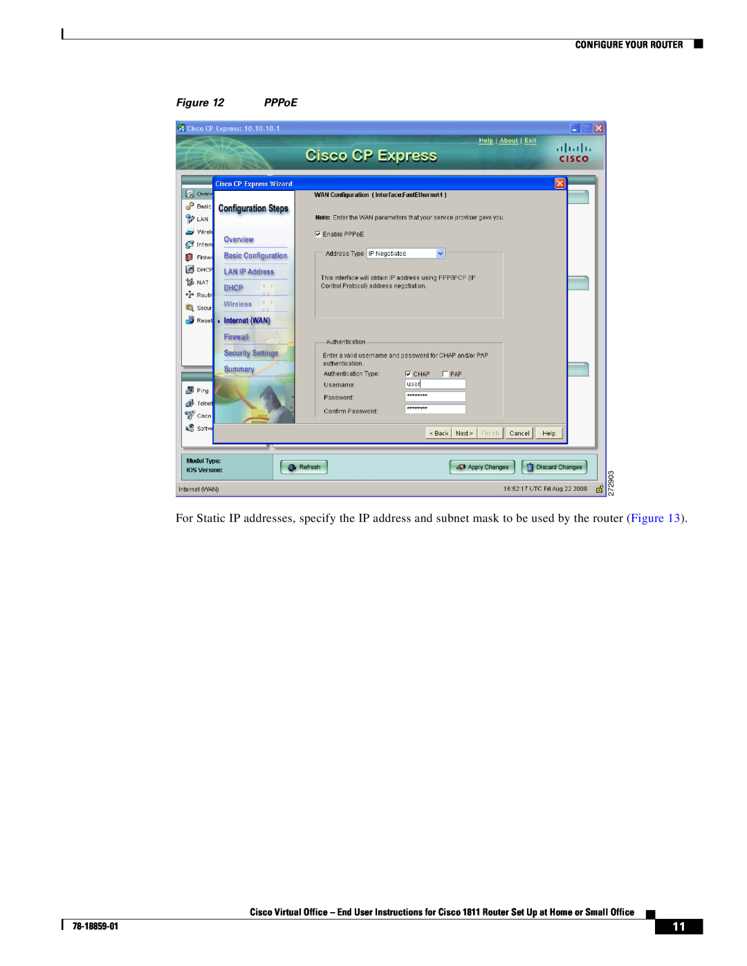 Cisco Systems CISCO1811 manual Configure Your Router, PPPoE, 78-18859-01 