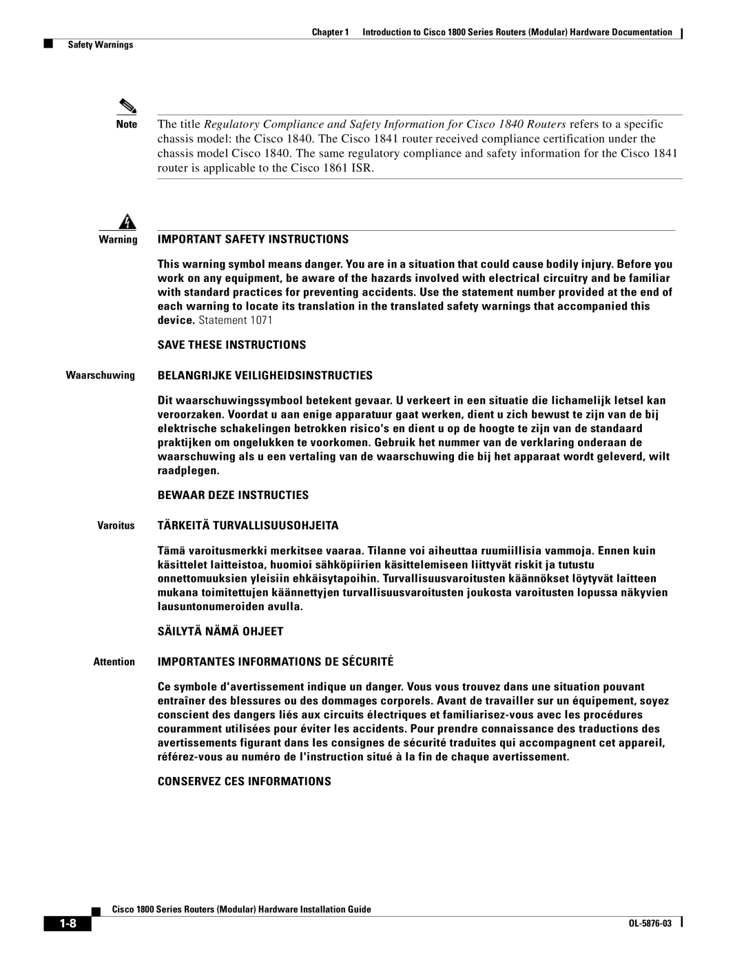 Cisco Systems CISCO1841-HSEC/K9-RF manual Bewaar Deze Instructies 