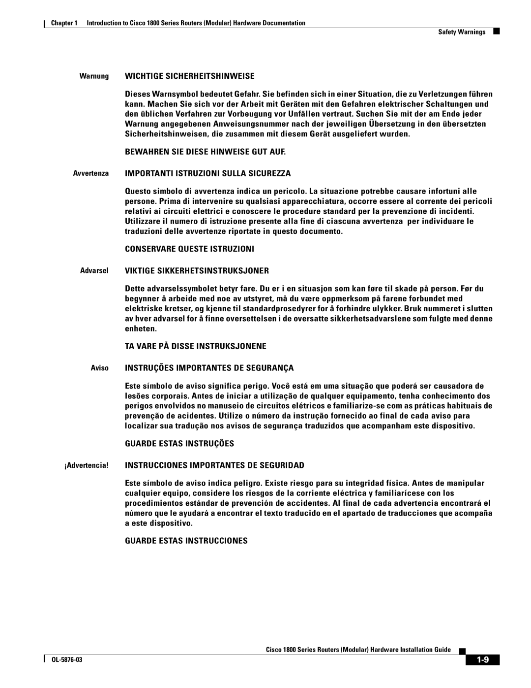 Cisco Systems CISCO1841-HSEC/K9-RF Warnung Wichtige Sicherheitshinweise, Avvertenza Importanti Istruzioni Sulla Sicurezza 