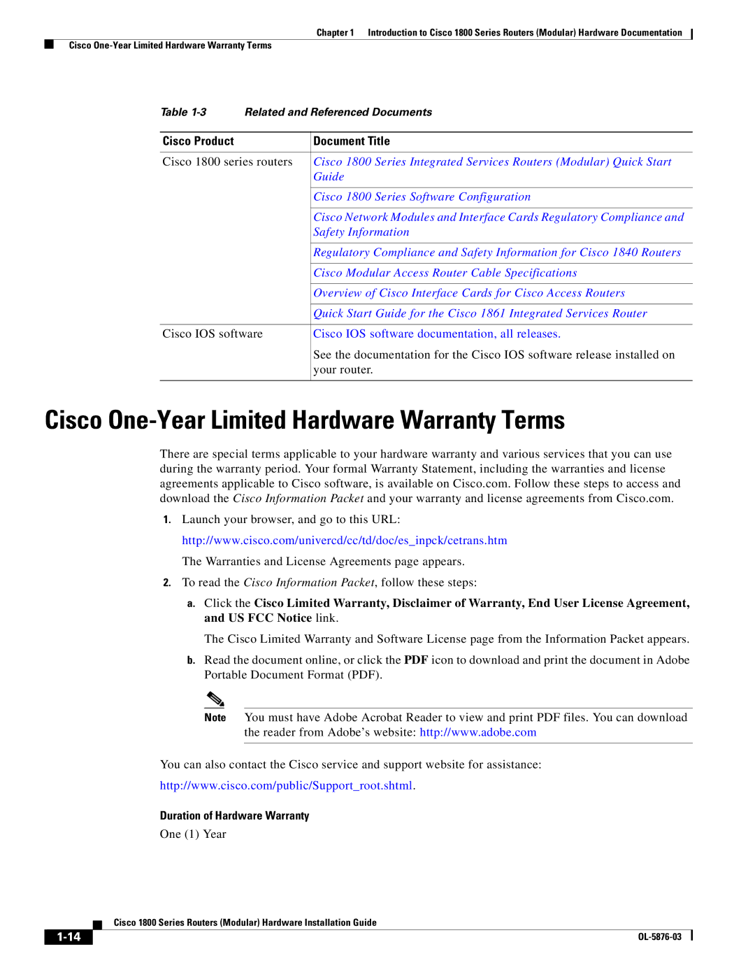 Cisco Systems CISCO1841-HSEC/K9-RF manual Cisco One-Year Limited Hardware Warranty Terms, Duration of Hardware Warranty 