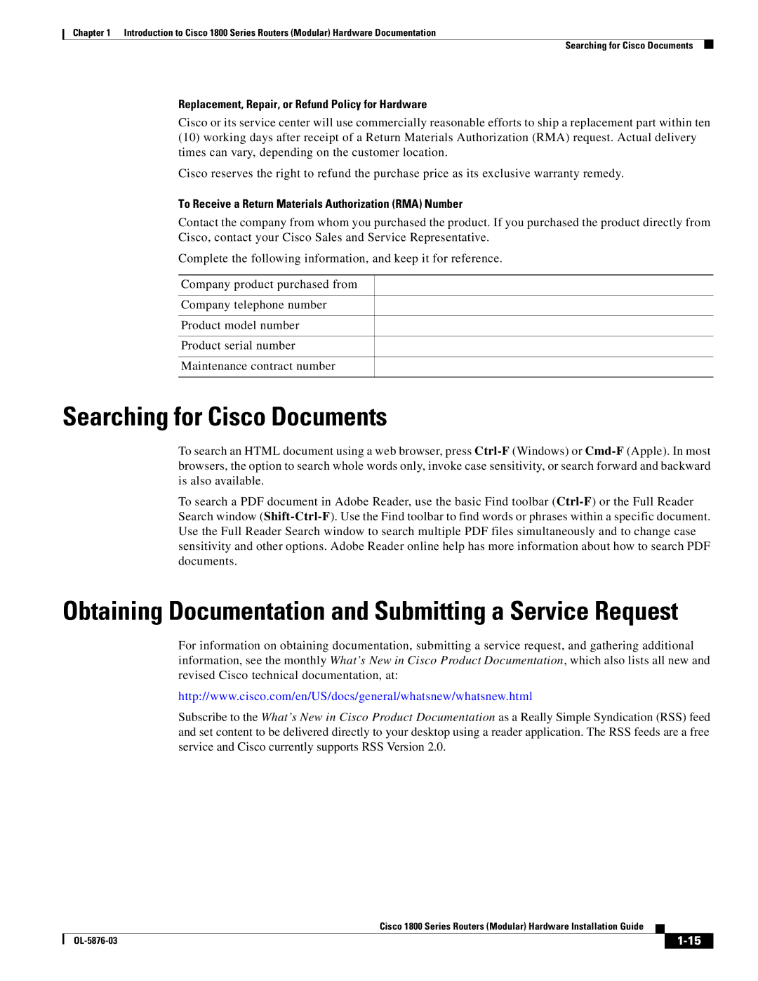 Cisco Systems CISCO1841-HSEC/K9-RF manual Searching for Cisco Documents, Replacement, Repair, or Refund Policy for Hardware 