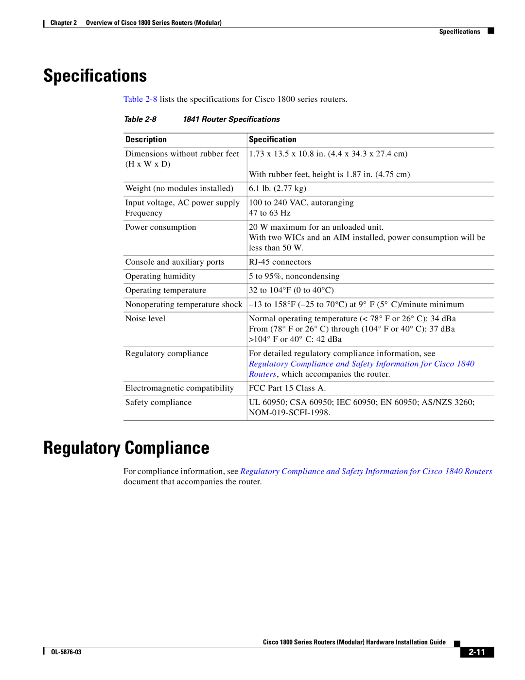 Cisco Systems CISCO1841-HSEC/K9-RF manual Specifications, Regulatory Compliance 