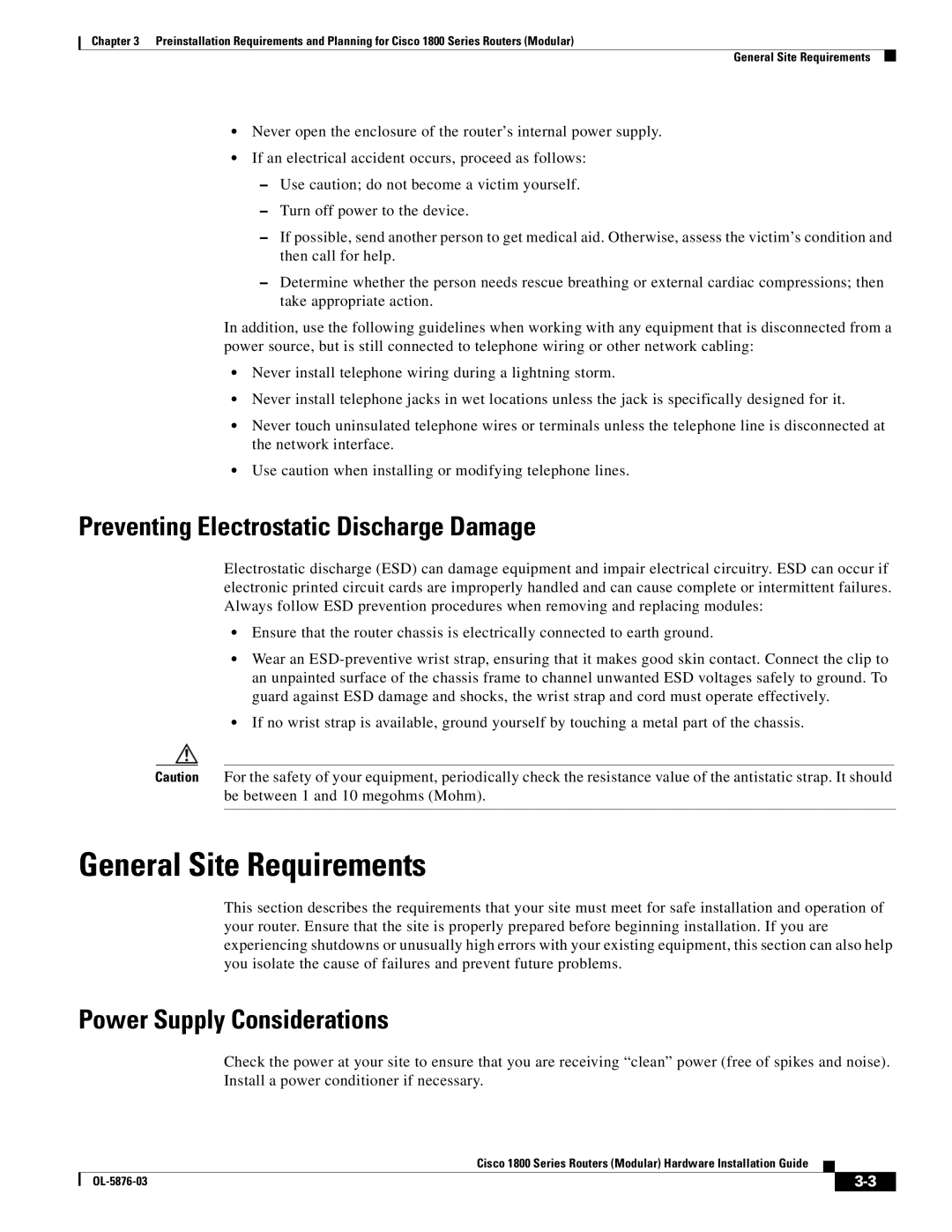 Cisco Systems CISCO1841-HSEC/K9-RF manual General Site Requirements, Preventing Electrostatic Discharge Damage 