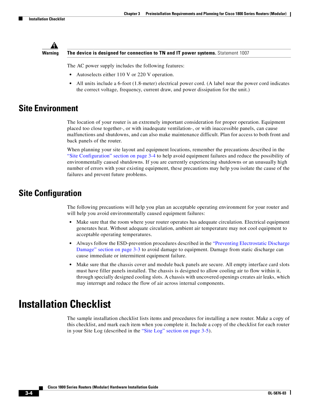 Cisco Systems CISCO1841-HSEC/K9-RF manual Installation Checklist, Site Environment, Site Configuration 