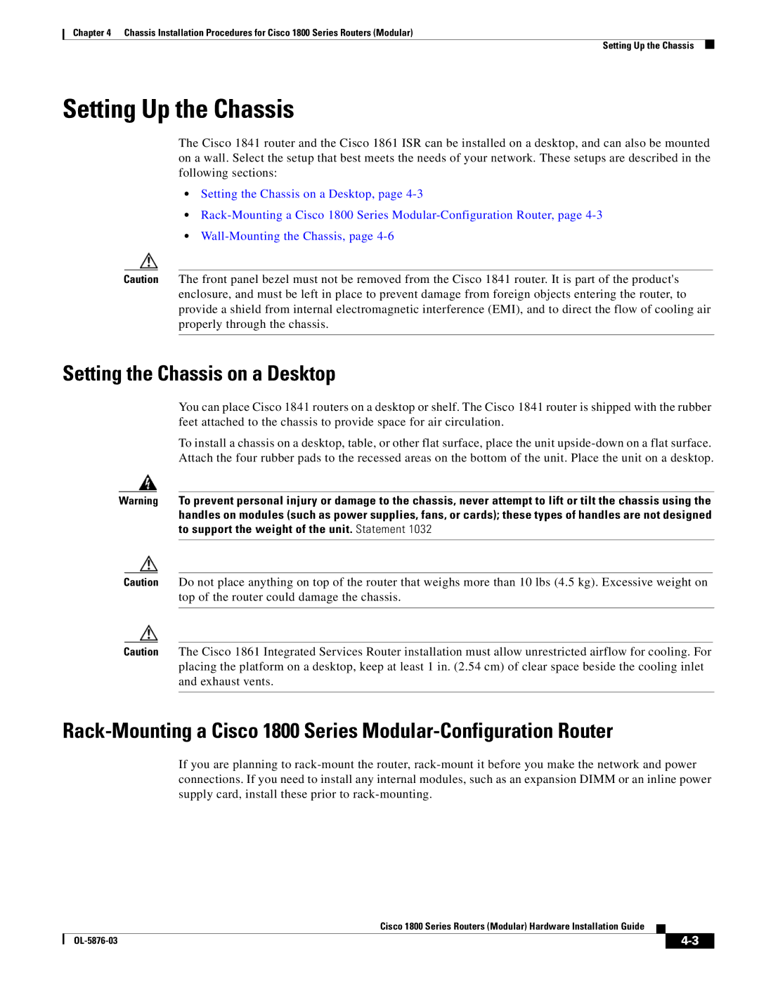 Cisco Systems CISCO1841-HSEC/K9-RF manual Setting Up the Chassis, Setting the Chassis on a Desktop 