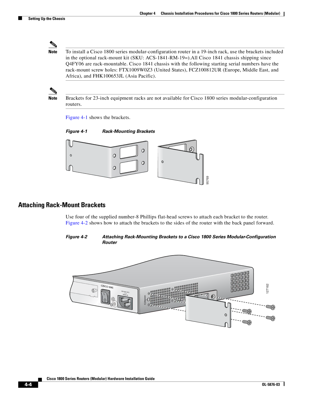 Cisco Systems CISCO1841-HSEC/K9-RF manual Attaching Rack-Mount Brackets, 1shows the brackets 