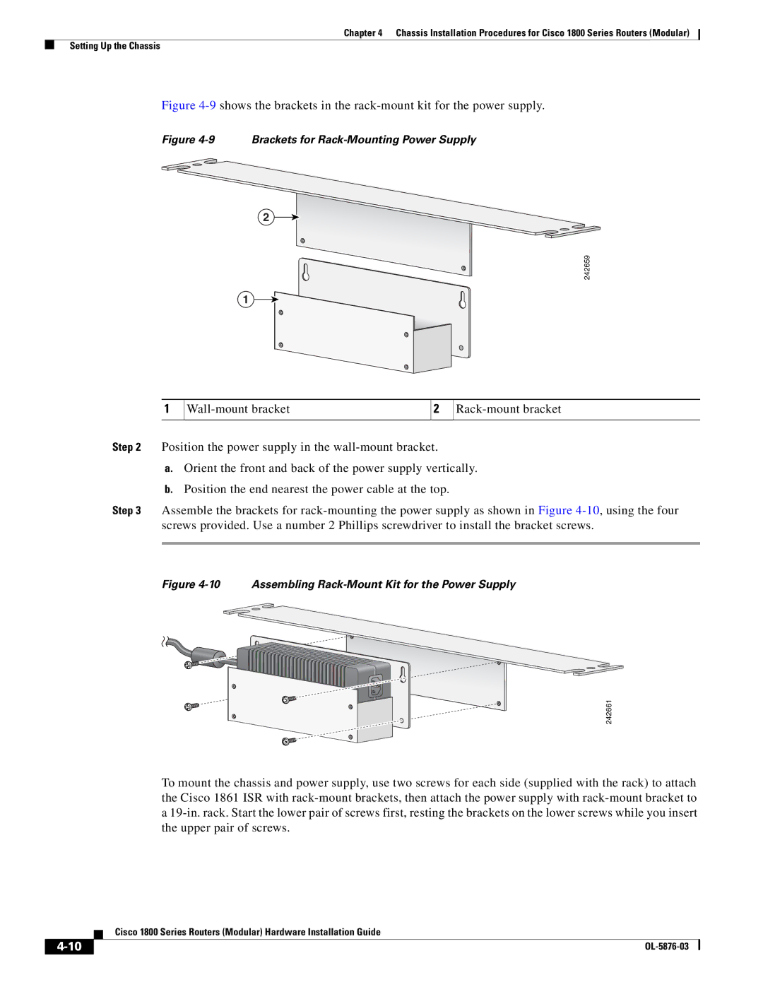 Cisco Systems CISCO1841-HSEC/K9-RF manual Brackets for Rack-Mounting Power Supply 