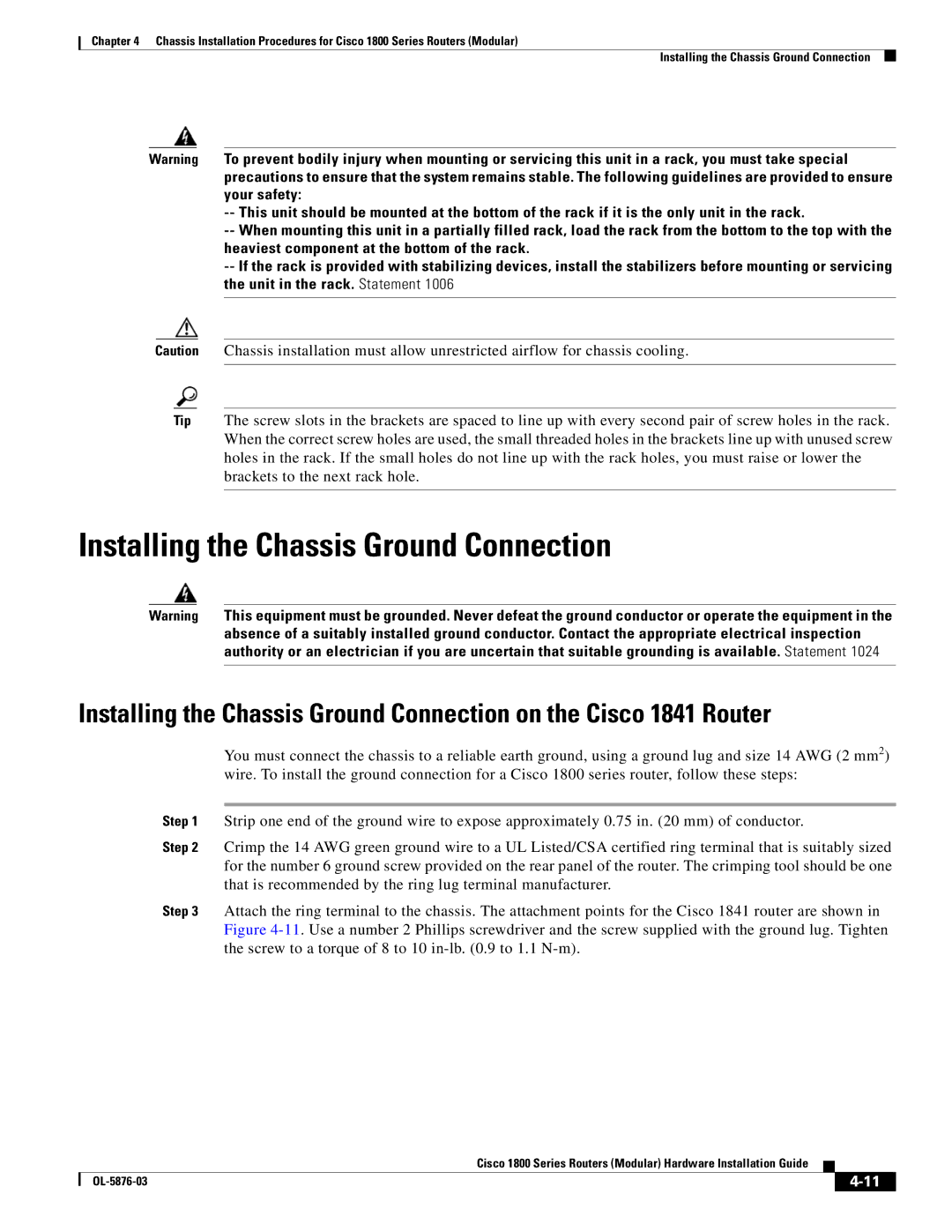 Cisco Systems CISCO1841-HSEC/K9-RF manual Installing the Chassis Ground Connection 