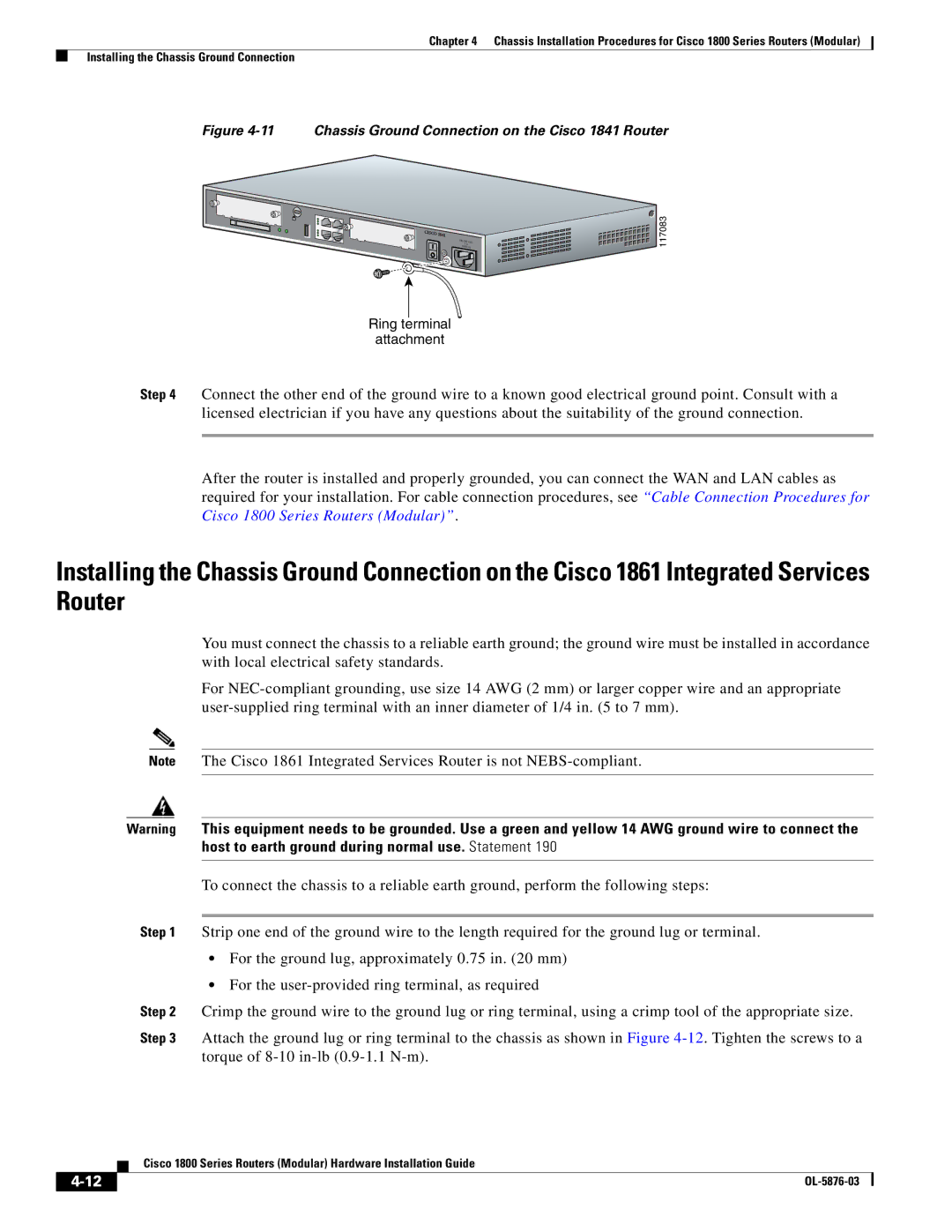 Cisco Systems CISCO1841-HSEC/K9-RF manual Chassis Ground Connection on the Cisco 1841 Router 