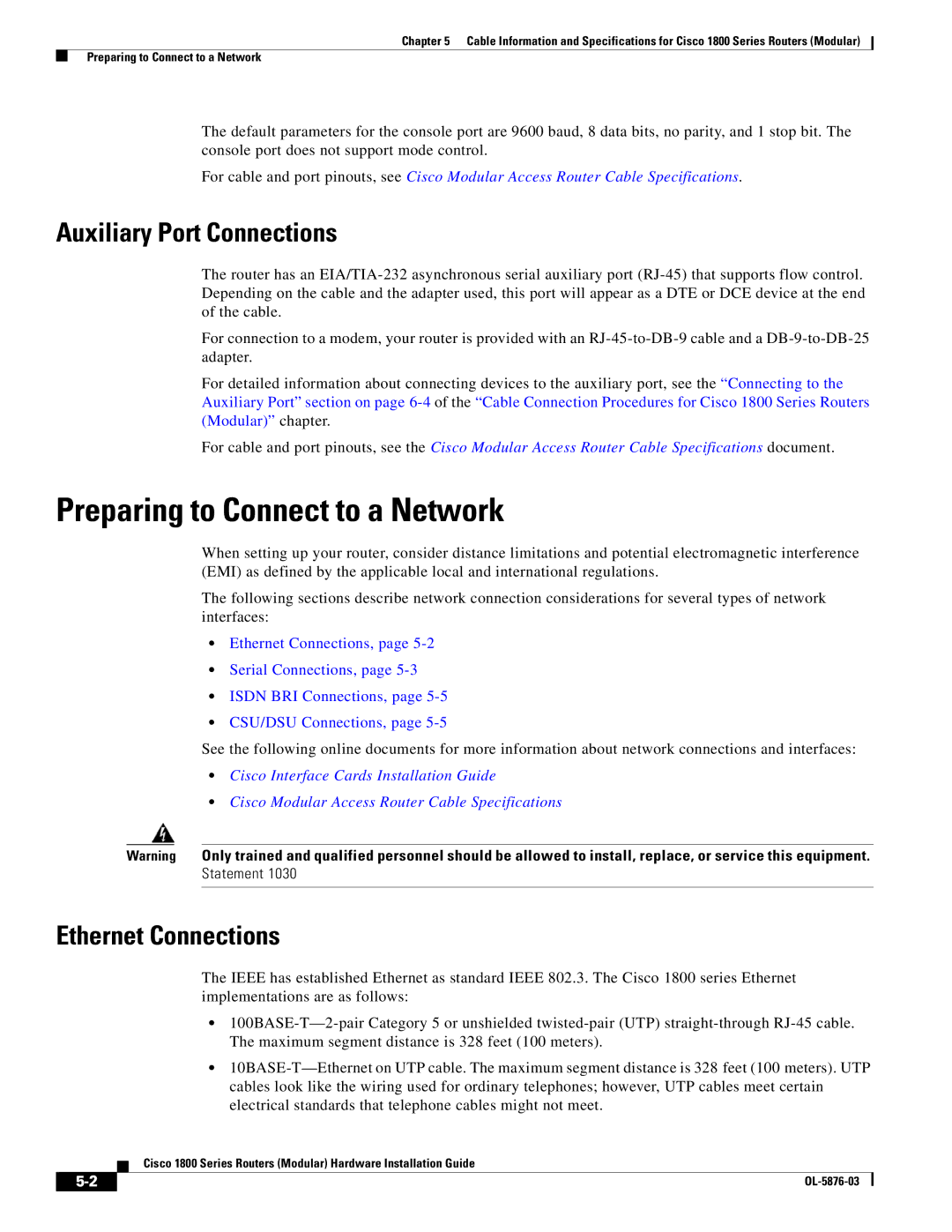 Cisco Systems CISCO1841-HSEC/K9-RF Preparing to Connect to a Network, Auxiliary Port Connections, Ethernet Connections 