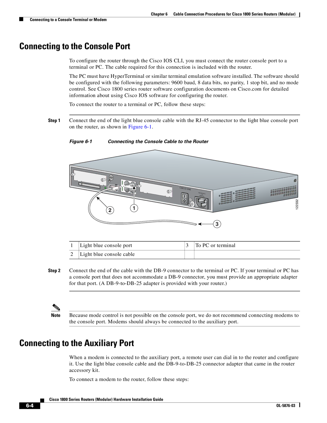 Cisco Systems CISCO1841-HSEC/K9-RF manual Connecting to the Console Port, Connecting to the Auxiliary Port 