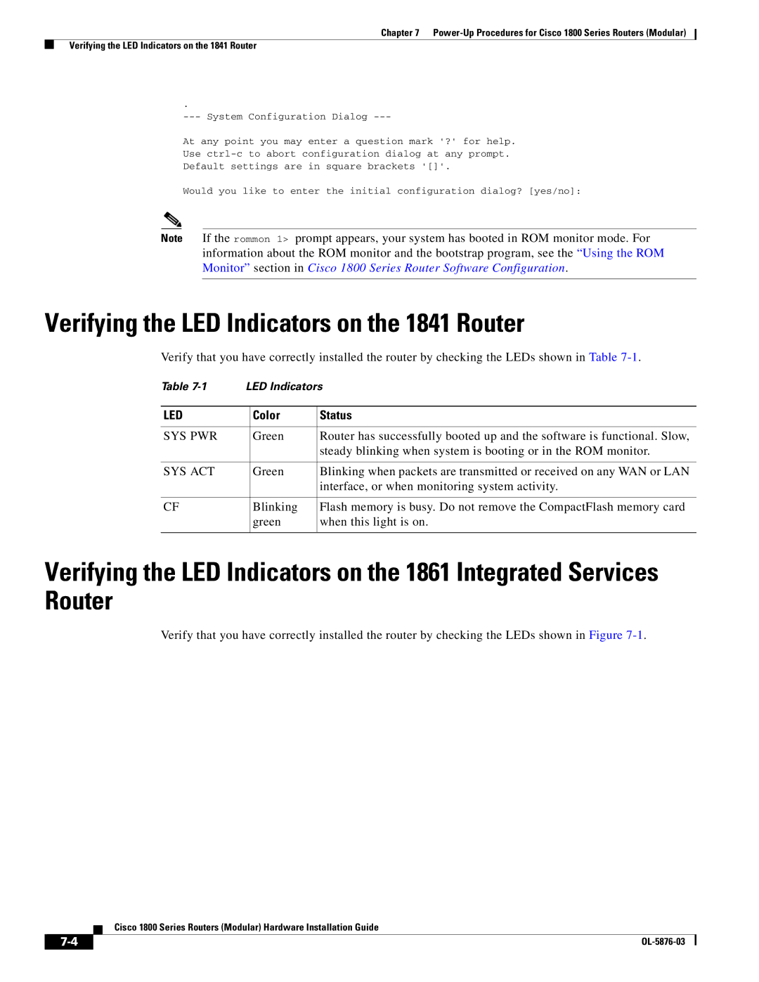 Cisco Systems CISCO1841-HSEC/K9-RF manual Verifying the LED Indicators on the 1841 Router, Color Status 