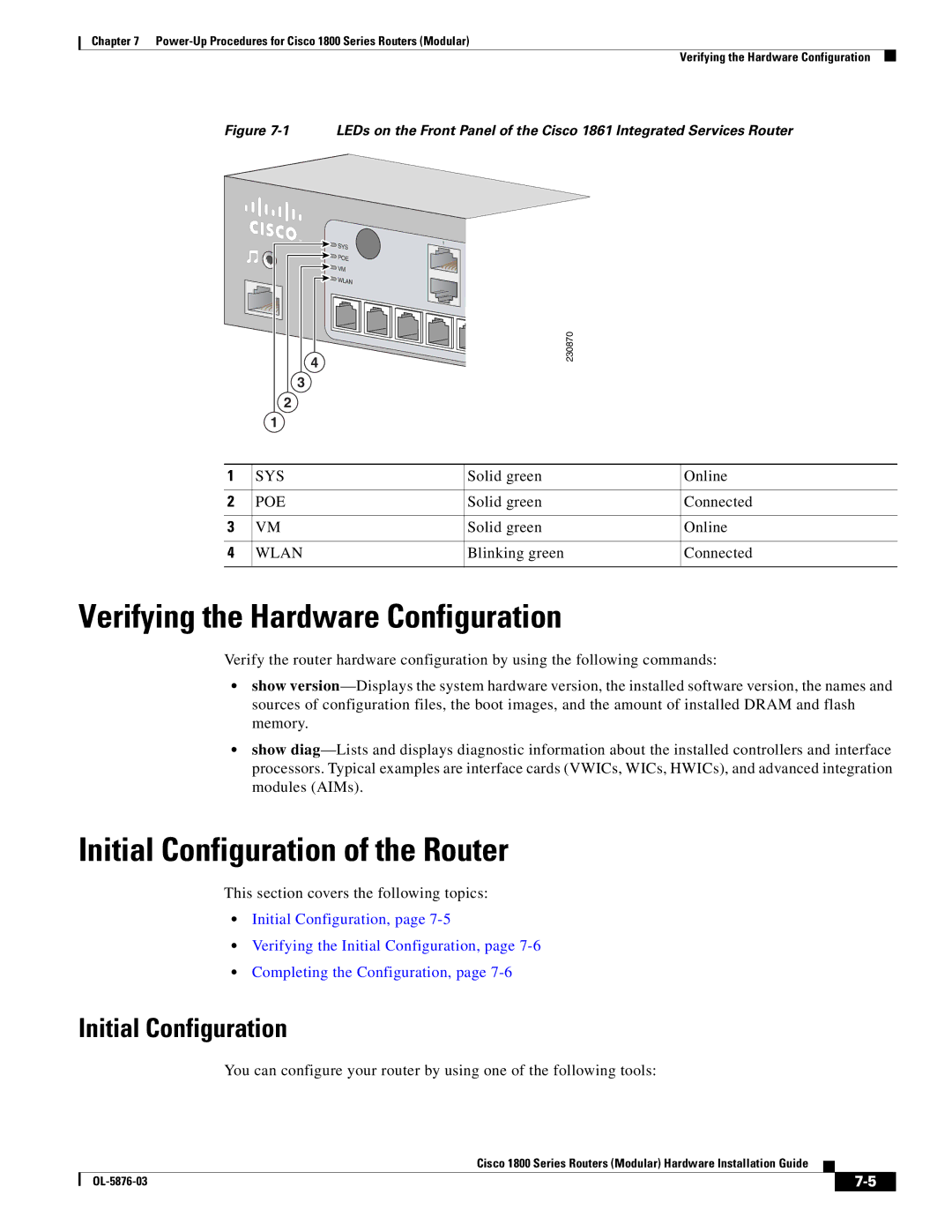 Cisco Systems CISCO1841-HSEC/K9-RF manual Verifying the Hardware Configuration, Initial Configuration of the Router 