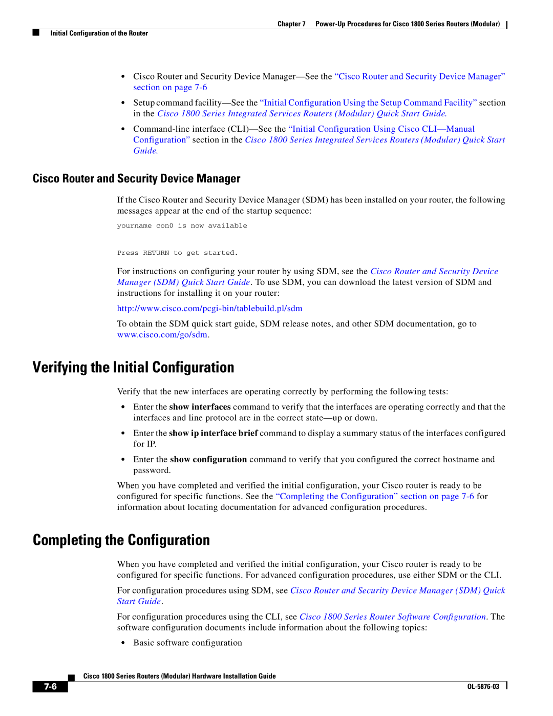 Cisco Systems CISCO1841-HSEC/K9-RF manual Verifying the Initial Configuration, Completing the Configuration 