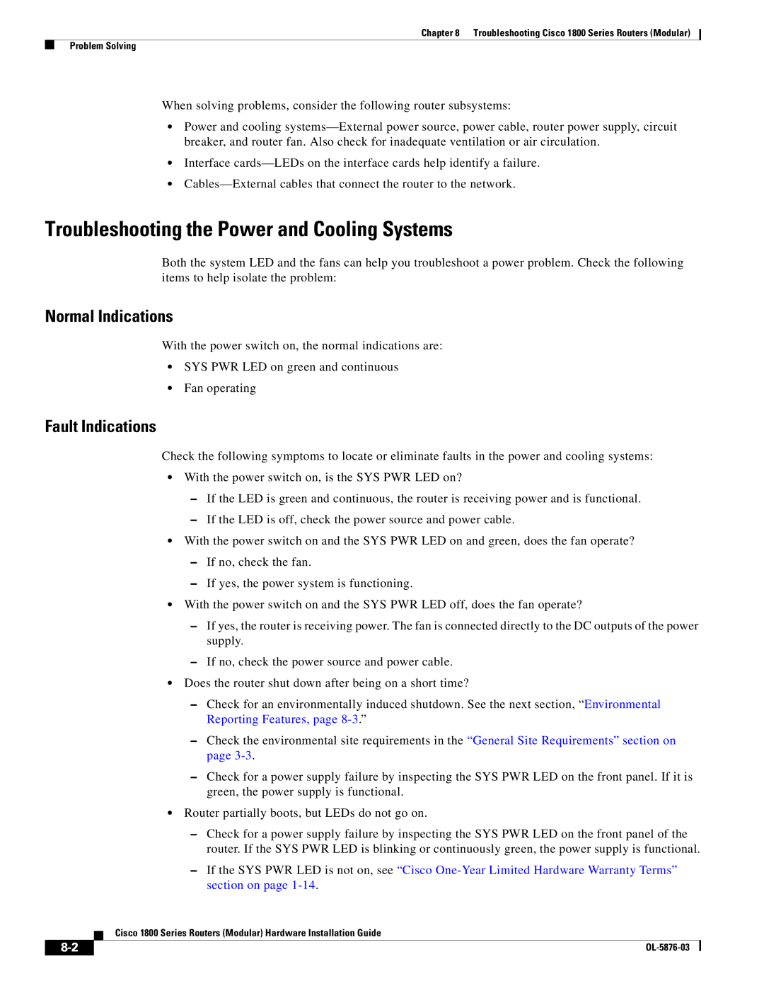 Cisco Systems CISCO1841-HSEC/K9-RF Troubleshooting the Power and Cooling Systems, Normal Indications, Fault Indications 