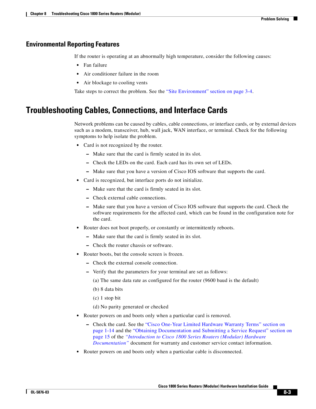 Cisco Systems CISCO1841-HSEC/K9-RF manual Troubleshooting Cables, Connections, and Interface Cards 