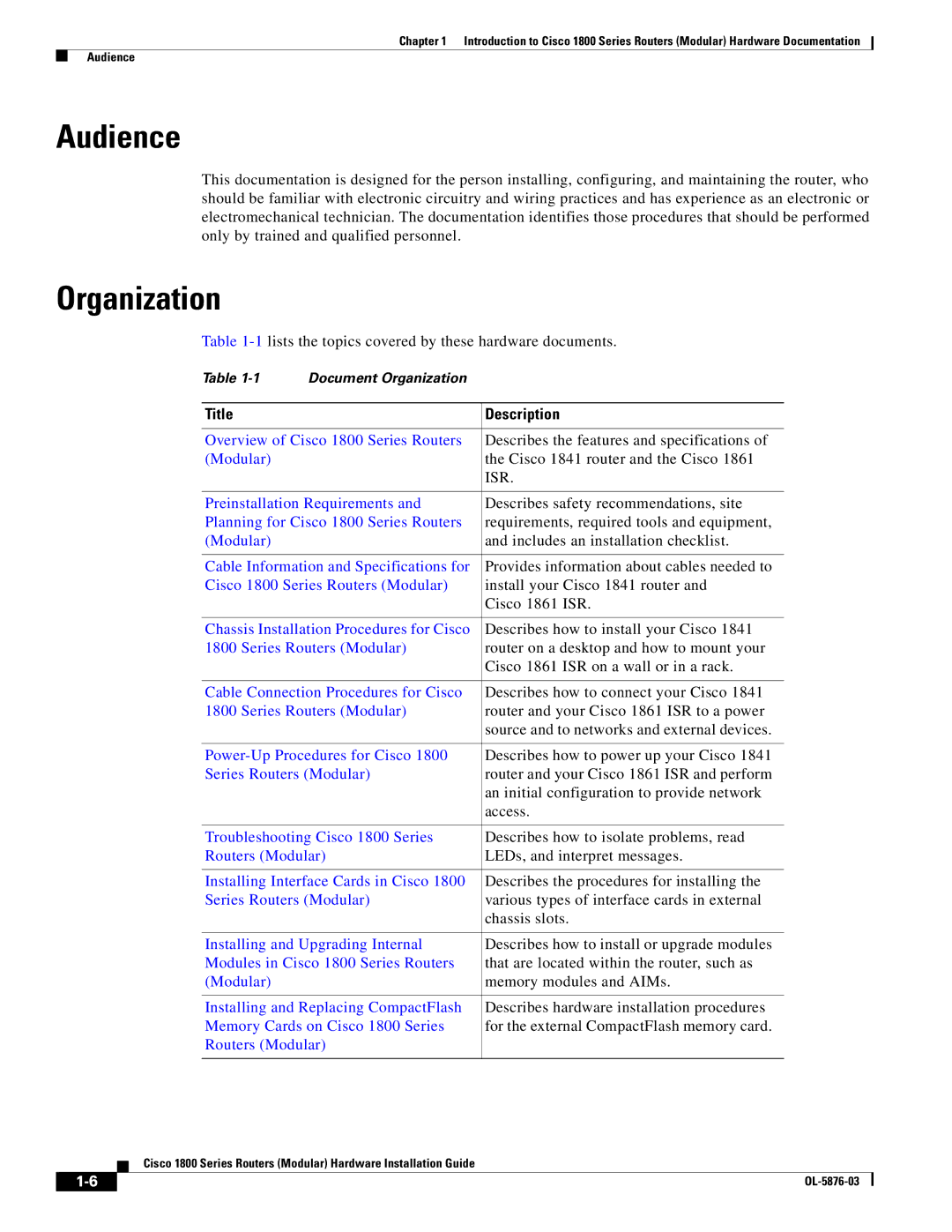 Cisco Systems CISCO1841-HSEC/K9-RF manual Audience, Organization, Title Description 