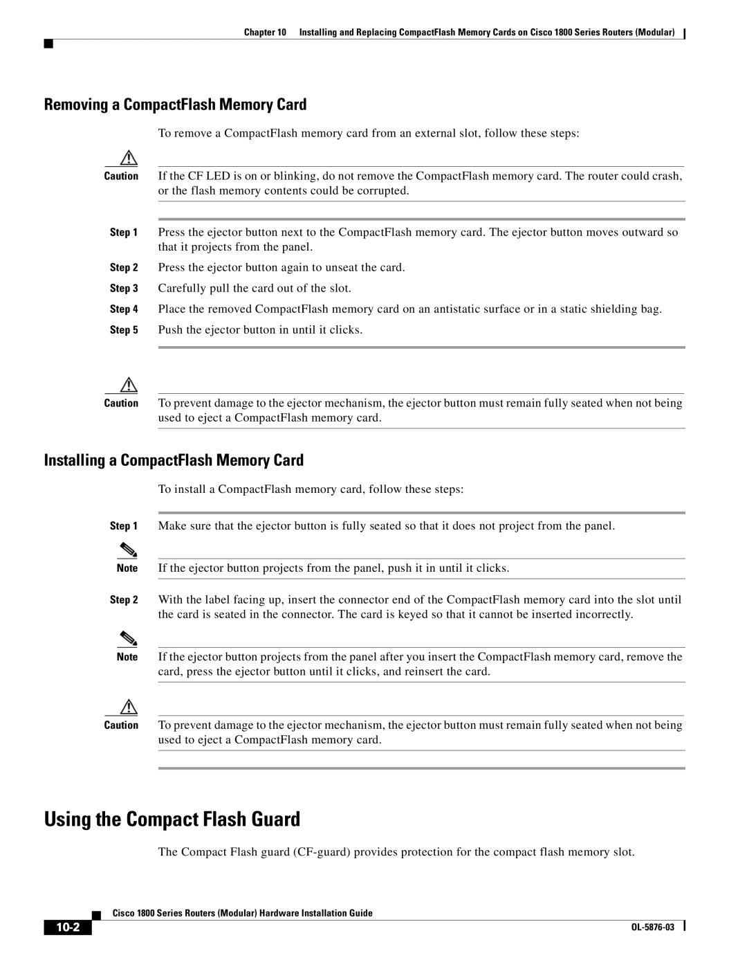 Cisco Systems CISCO1841-HSEC/K9-RF manual Using the Compact Flash Guard, Removing a CompactFlash Memory Card, 10-2 