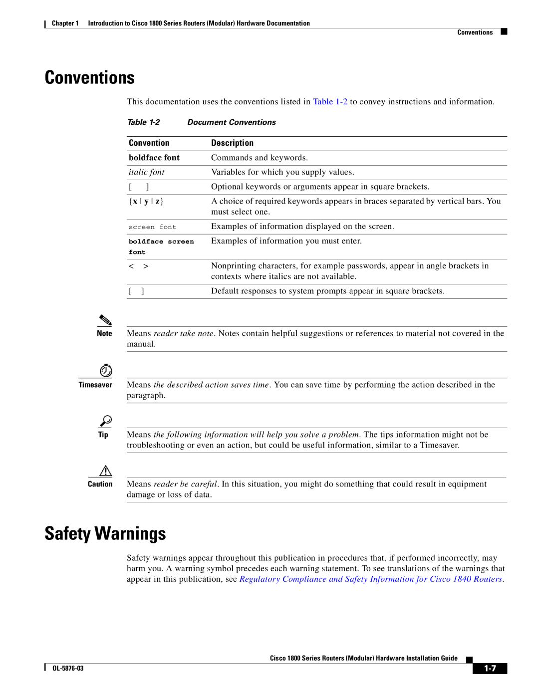 Cisco Systems CISCO1841-HSEC/K9-RF manual Conventions, Safety Warnings, Convention Description 