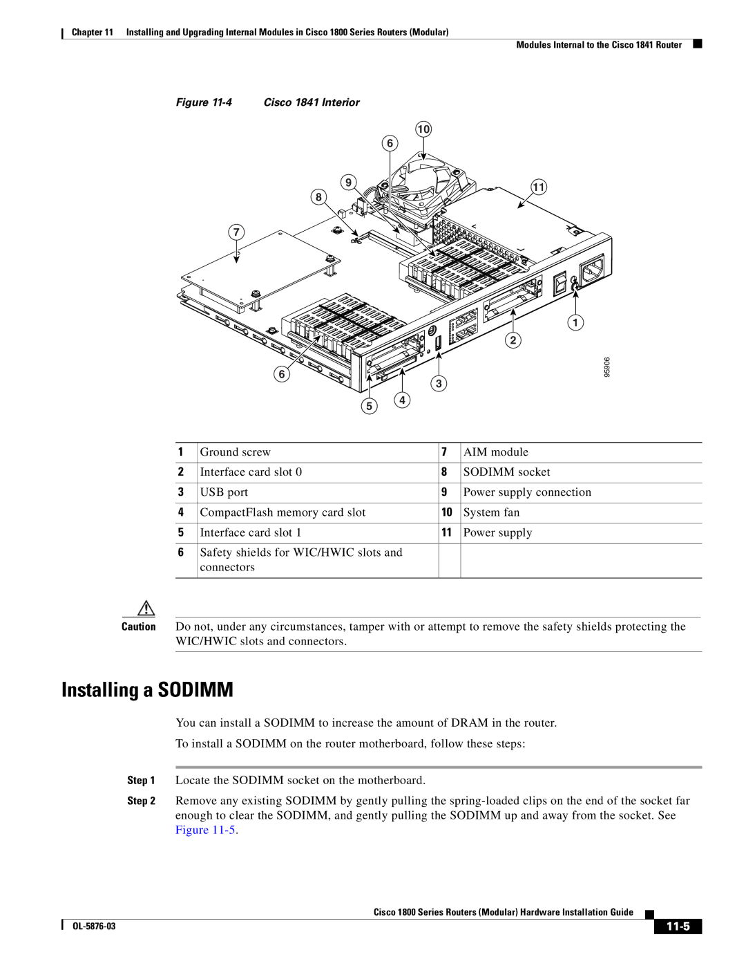 Cisco Systems CISCO1841-HSEC/K9-RF manual Installing a Sodimm, 11-5 