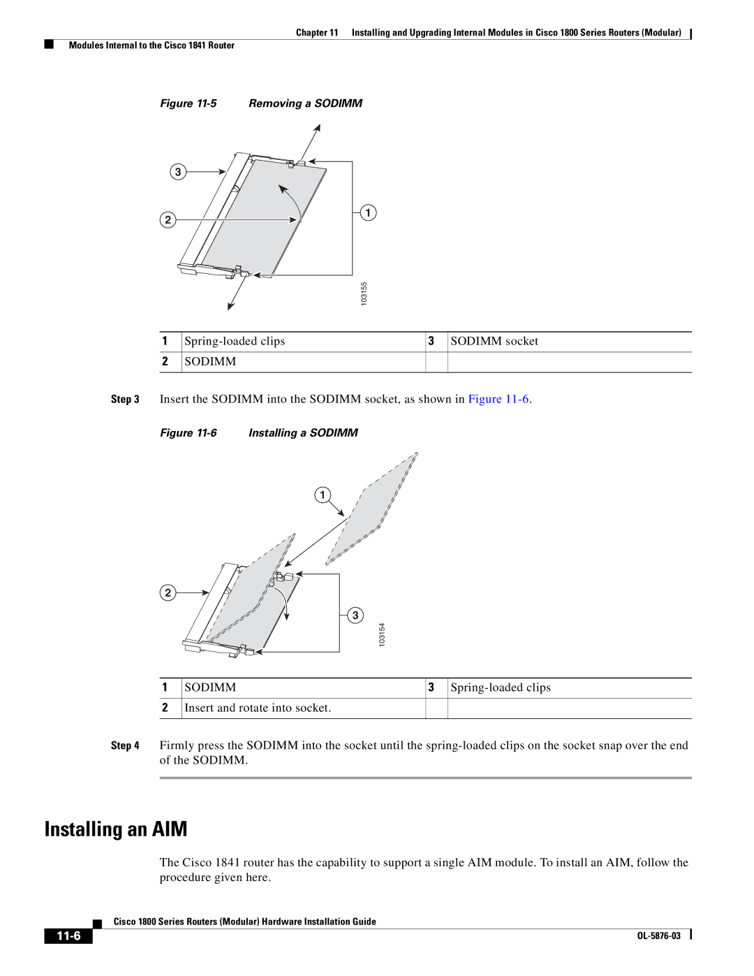 Cisco Systems CISCO1841-HSEC/K9-RF manual Installing an AIM, 11-6 