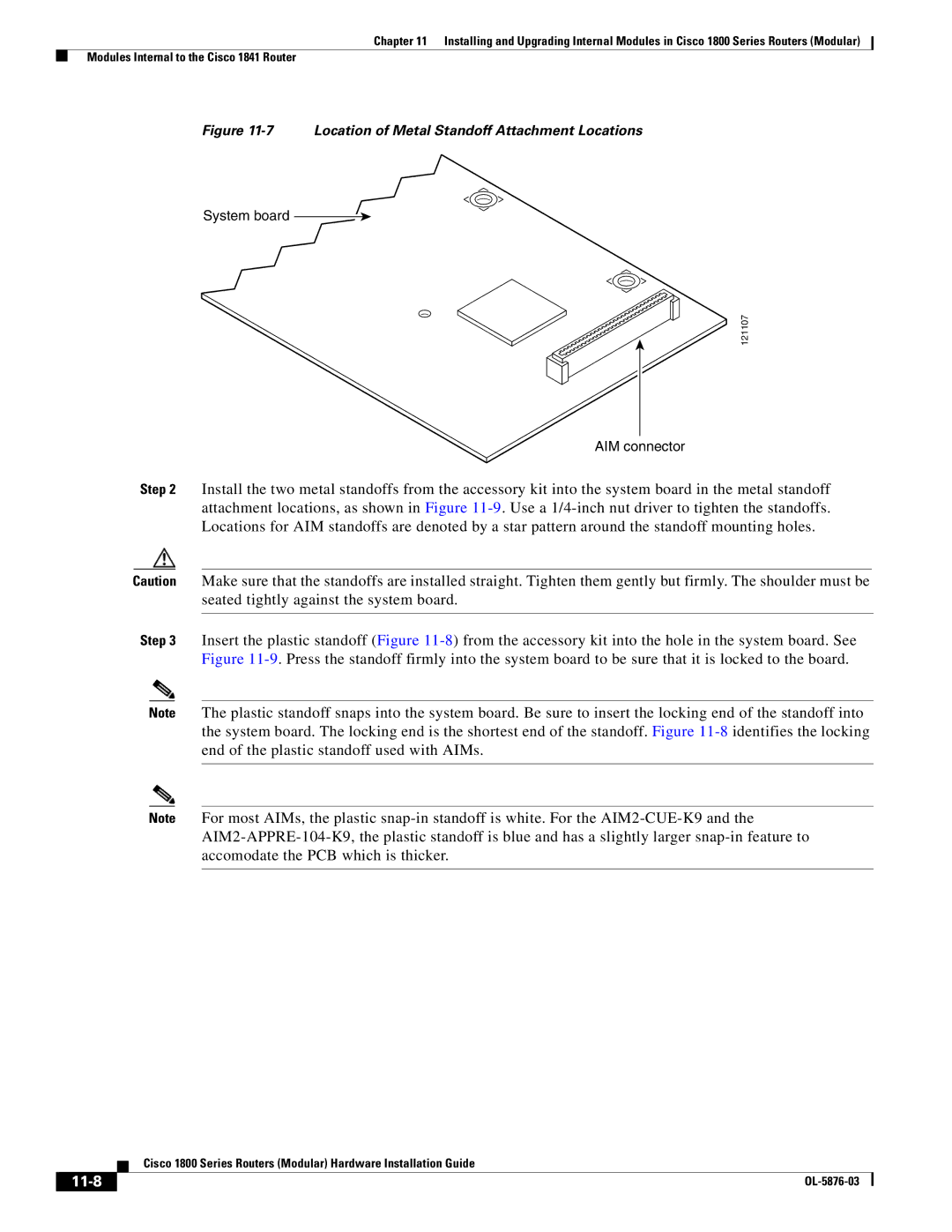 Cisco Systems CISCO1841-HSEC/K9-RF manual 11-8, Location of Metal Standoff Attachment Locations 