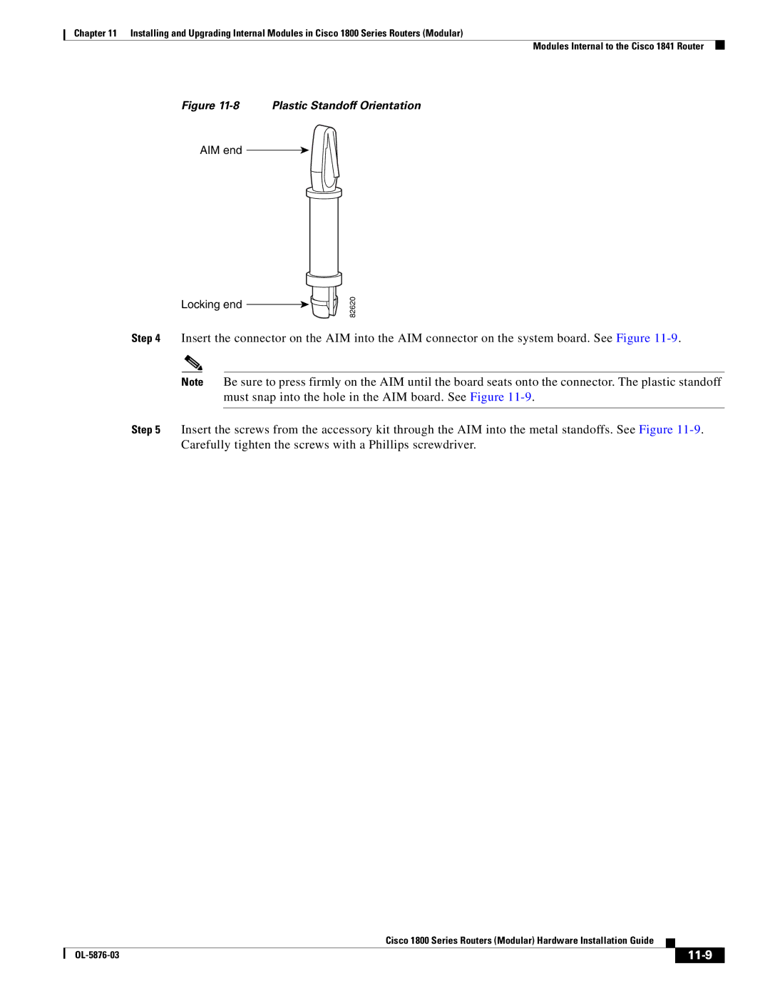 Cisco Systems CISCO1841-HSEC/K9-RF manual 11-9, Plastic Standoff Orientation 