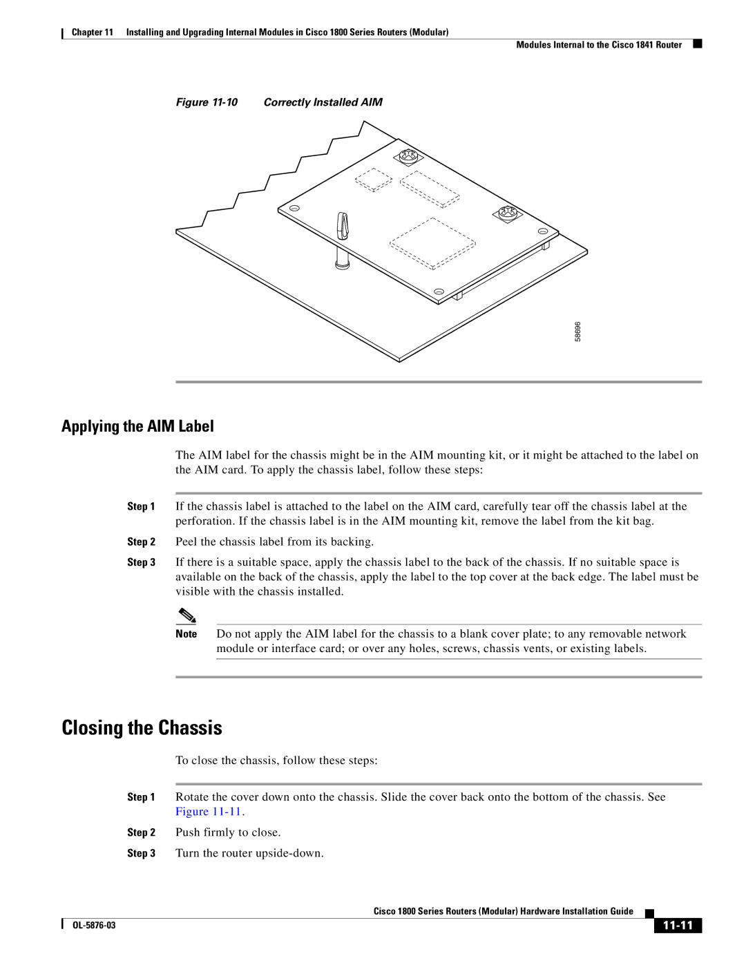 Cisco Systems CISCO1841-HSEC/K9-RF manual Closing the Chassis, Applying the AIM Label, 11-11 