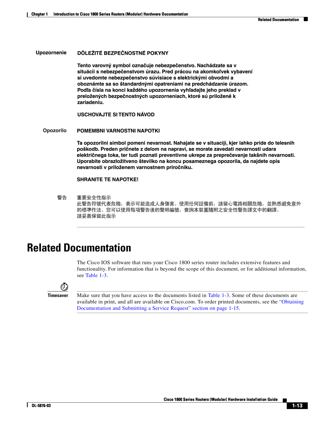 Cisco Systems CISCO1841-HSEC/K9-RF manual Related Documentation, 1-13 