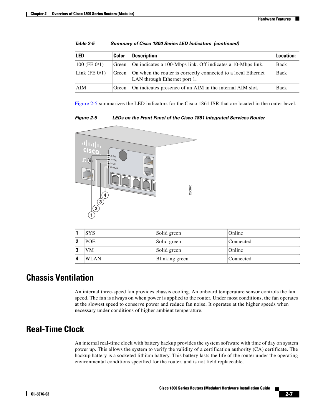 Cisco Systems CISCO1841-HSEC/K9-RF manual Chassis Ventilation, Real-Time Clock 