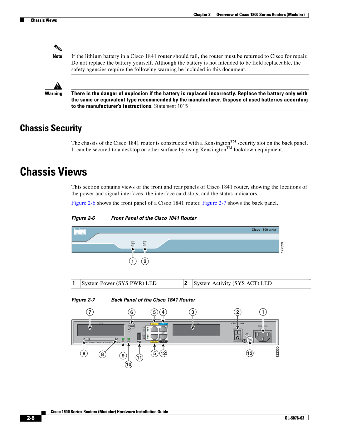 Cisco Systems CISCO1841-HSEC/K9-RF manual Chassis Views, Chassis Security 
