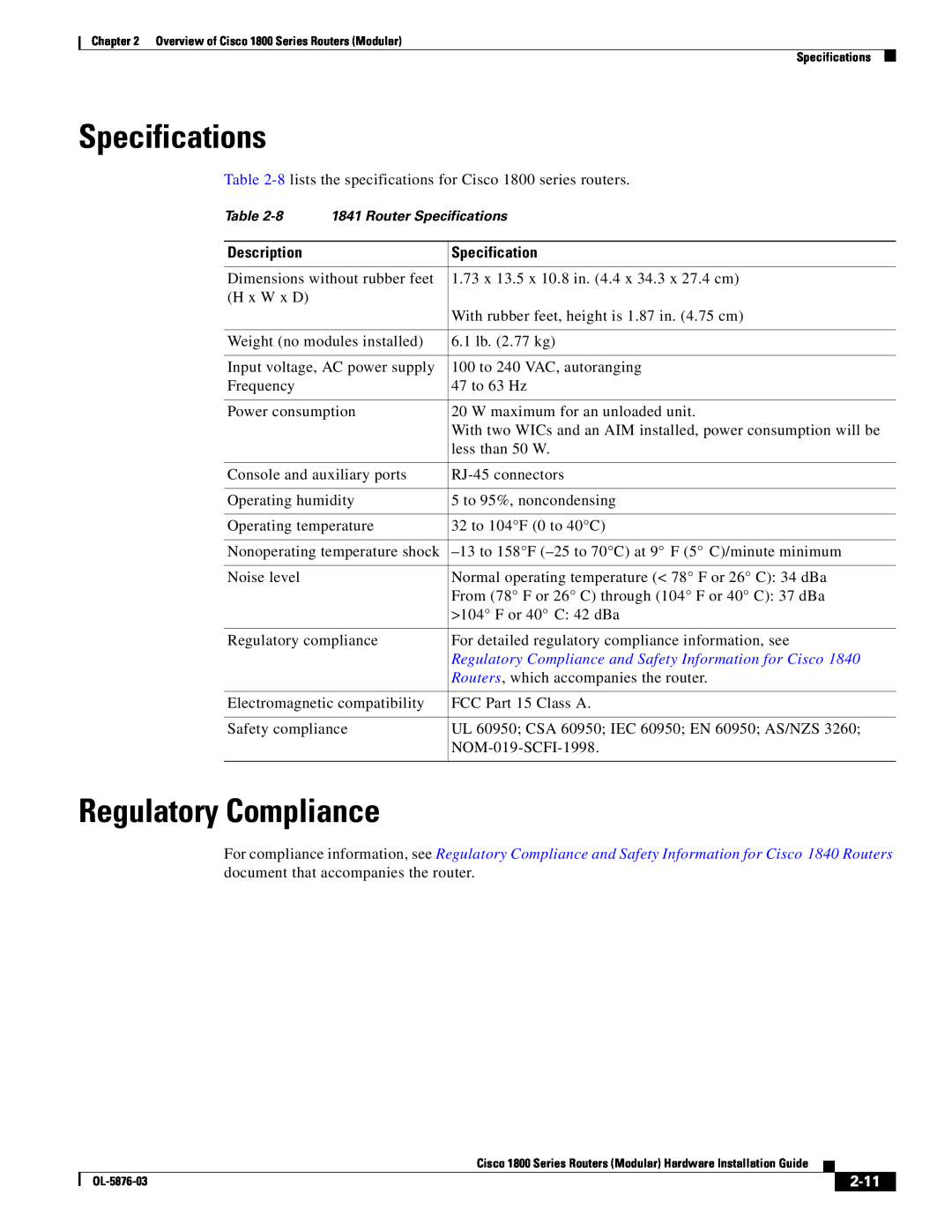 Cisco Systems CISCO1841-HSEC/K9-RF manual Specifications, Regulatory Compliance, 2-11 