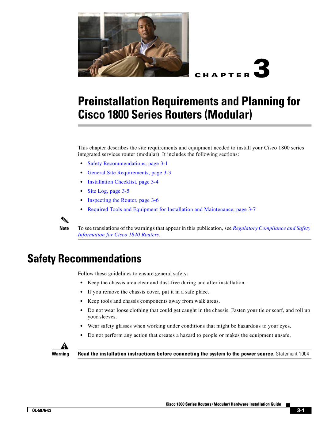 Cisco Systems CISCO1841-HSEC/K9-RF manual Safety Recommendations, page General Site Requirements, page, C H A P T E R 