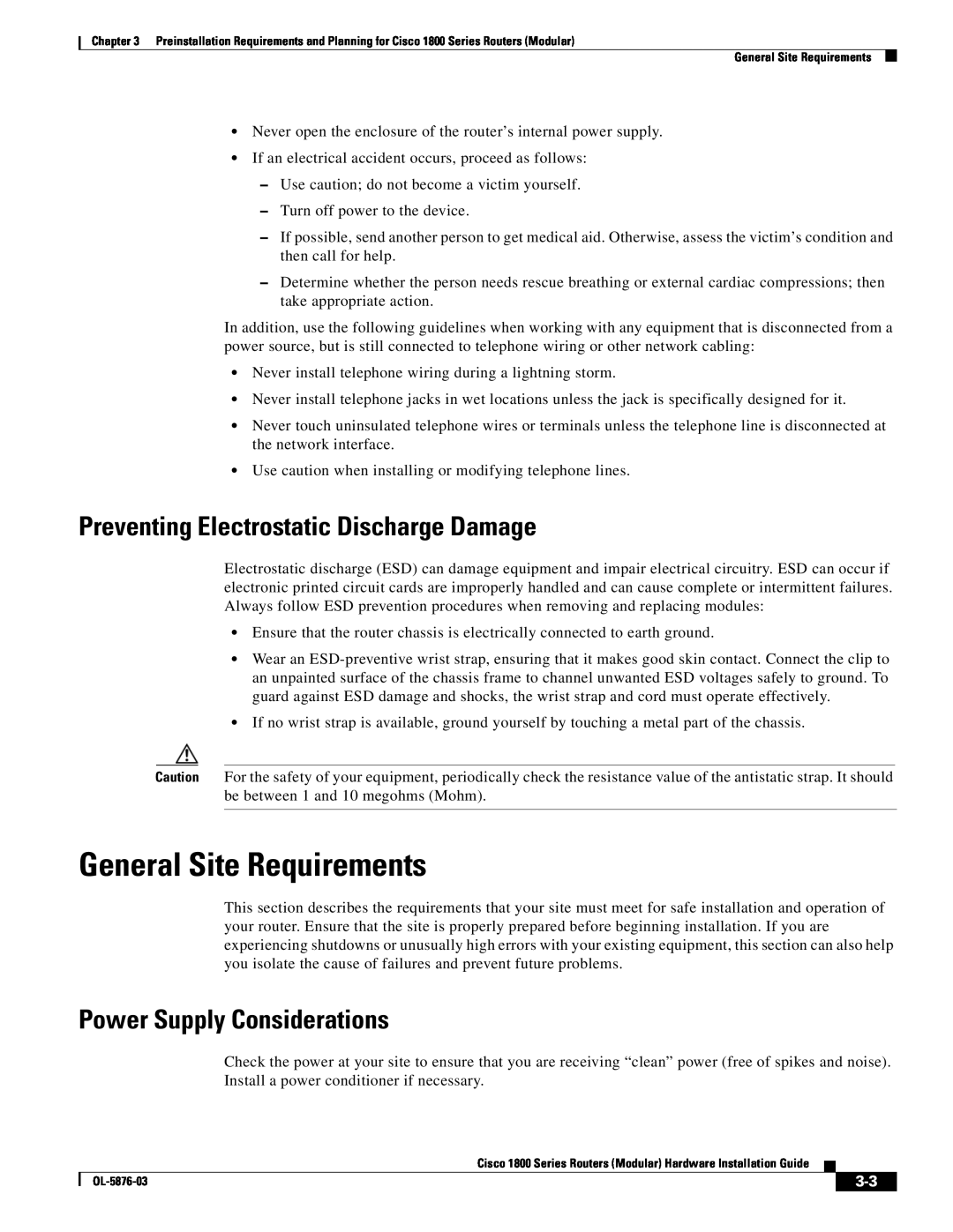 Cisco Systems CISCO1841-HSEC/K9-RF manual General Site Requirements, Preventing Electrostatic Discharge Damage 