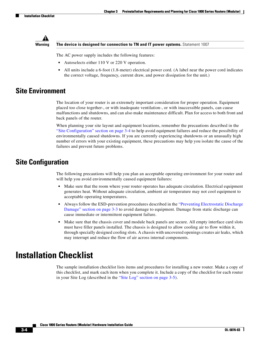 Cisco Systems CISCO1841-HSEC/K9-RF manual Installation Checklist, Site Environment, Site Configuration 