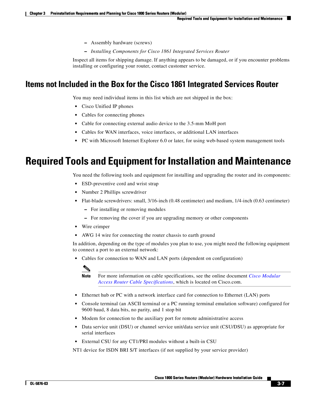 Cisco Systems CISCO1841-HSEC/K9-RF manual Required Tools and Equipment for Installation and Maintenance 
