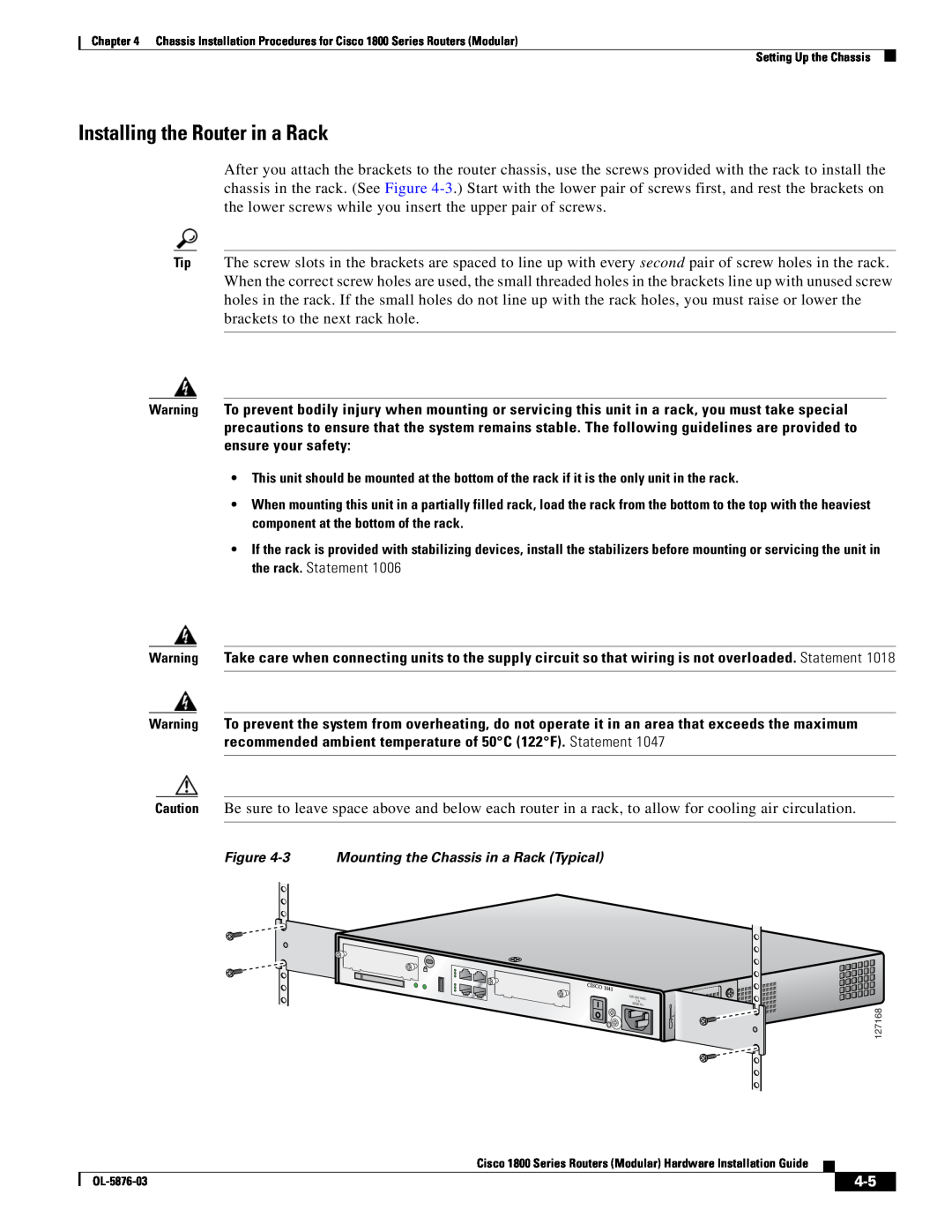 Cisco Systems CISCO1841-HSEC/K9-RF manual Installing the Router in a Rack, 3 Mounting the Chassis in a Rack Typical 