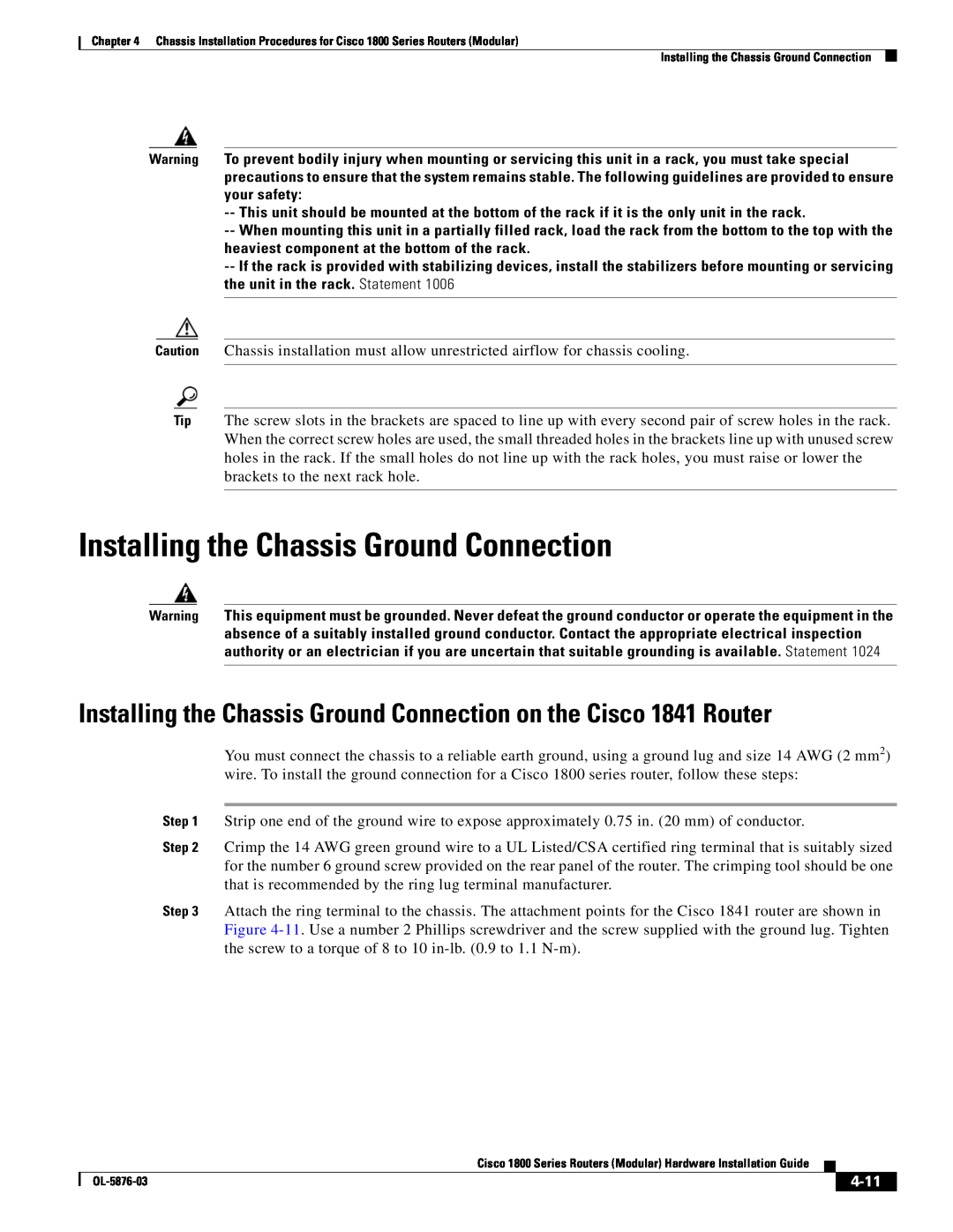 Cisco Systems CISCO1841-HSEC/K9-RF manual Installing the Chassis Ground Connection, 4-11 