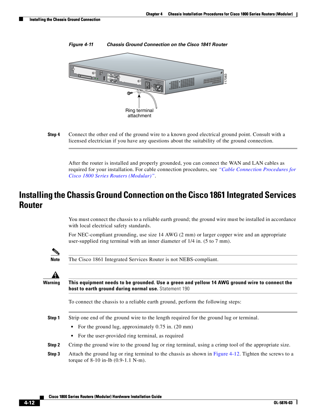 Cisco Systems CISCO1841-HSEC/K9-RF manual 4-12, Note The Cisco 1861 Integrated Services Router is not NEBS-compliant 