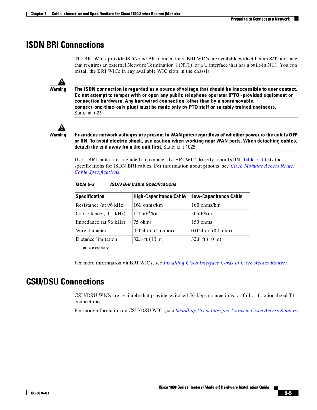 Cisco Systems CISCO1841-HSEC/K9-RF manual ISDN BRI Connections, CSU/DSU Connections, High-Capacitance Cable 