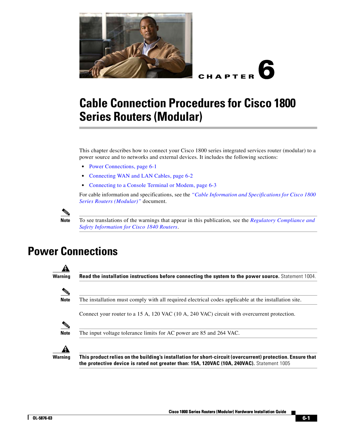 Cisco Systems CISCO1841-HSEC/K9-RF manual Series Routers Modular, Cable Connection Procedures for Cisco, Power Connections 