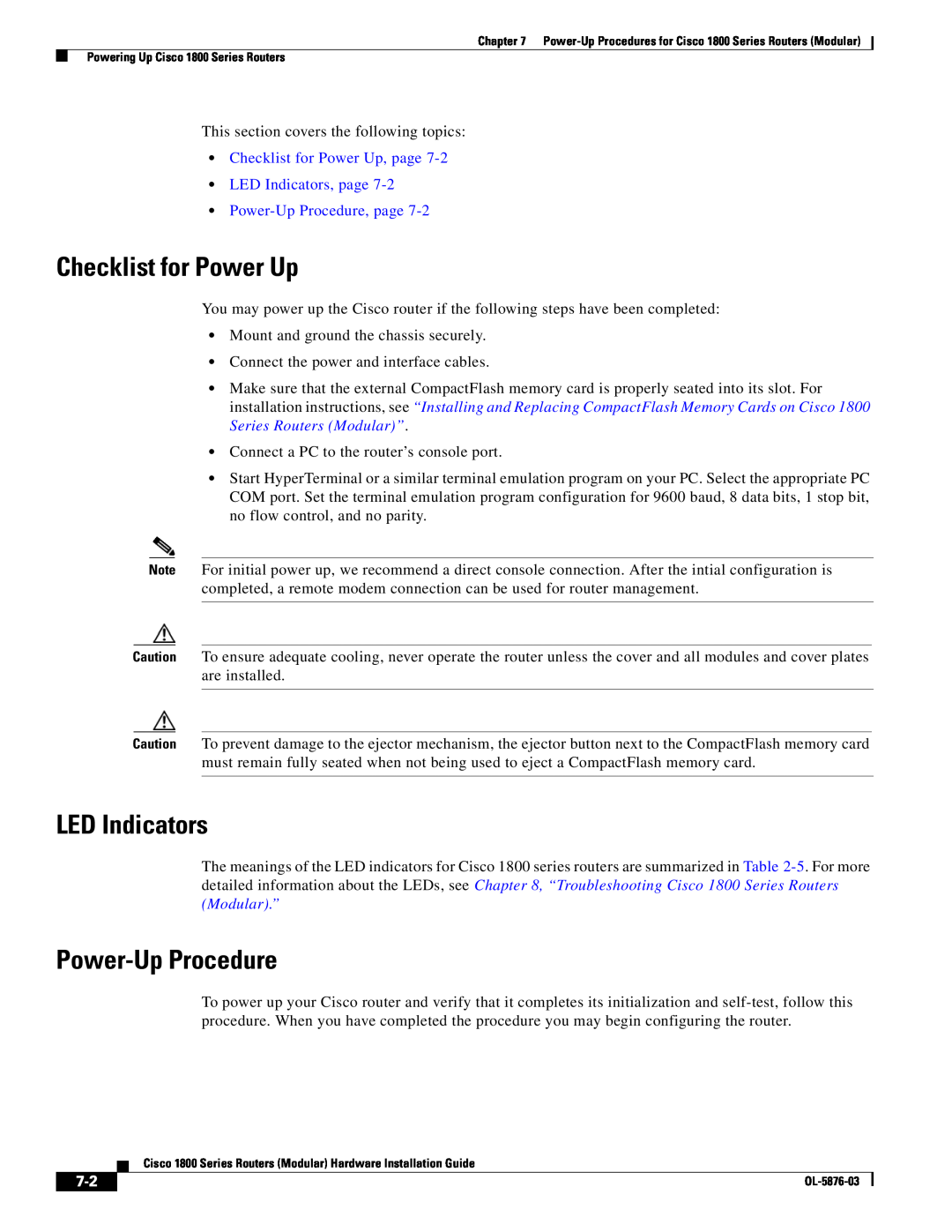 Cisco Systems CISCO1841-HSEC/K9-RF manual Checklist for Power Up, Power-Up Procedure, page, LED Indicators 