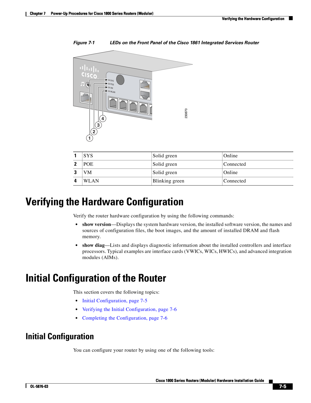Cisco Systems CISCO1841-HSEC/K9-RF manual Verifying the Hardware Configuration, Initial Configuration of the Router 