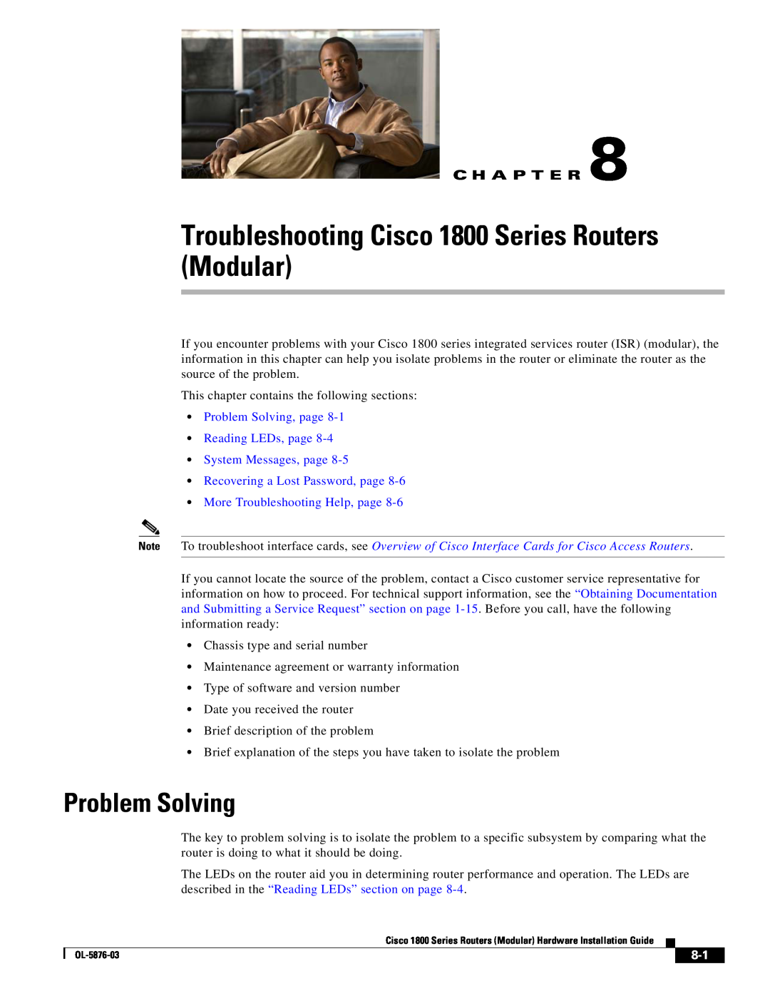 Cisco Systems CISCO1841-HSEC/K9-RF manual Troubleshooting Cisco 1800 Series Routers Modular, Problem Solving, C H A P T E R 