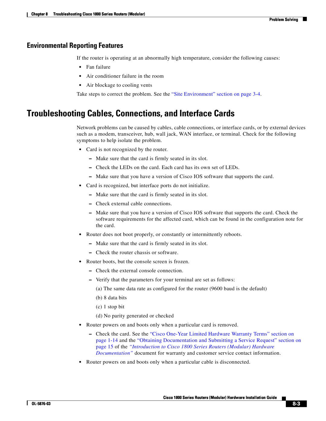 Cisco Systems CISCO1841-HSEC/K9-RF manual Troubleshooting Cables, Connections, and Interface Cards 