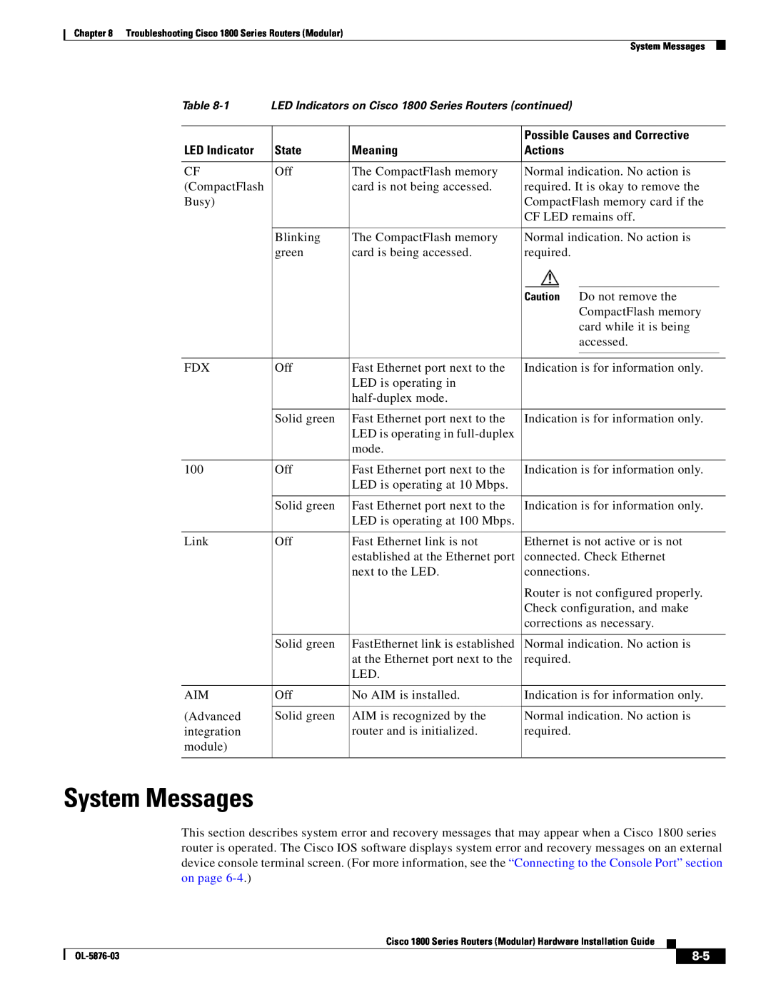 Cisco Systems CISCO1841-HSEC/K9-RF manual System Messages, LED Indicators on Cisco 1800 Series Routers continued 
